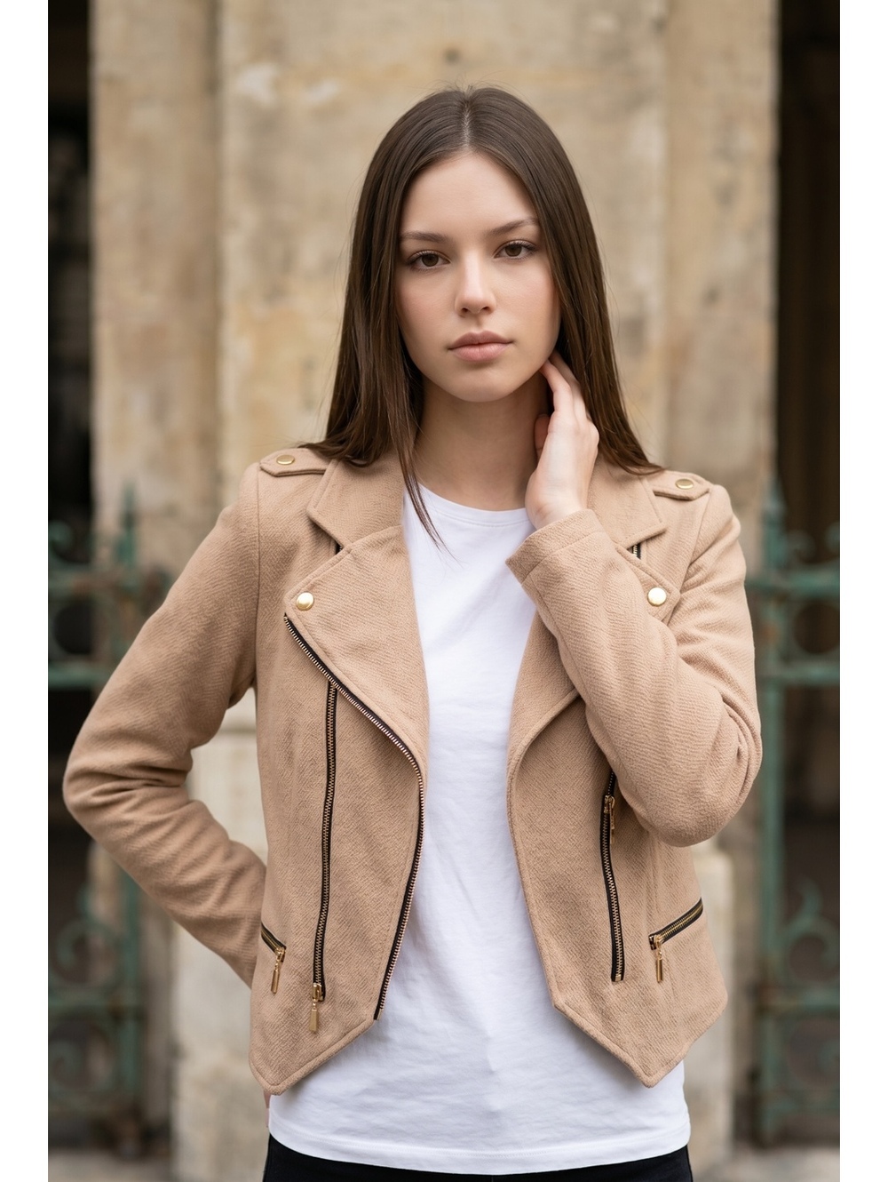 Active USA Women's Beige Textured Faux Leather Moto Jacket Size M - Picture 1 of 6